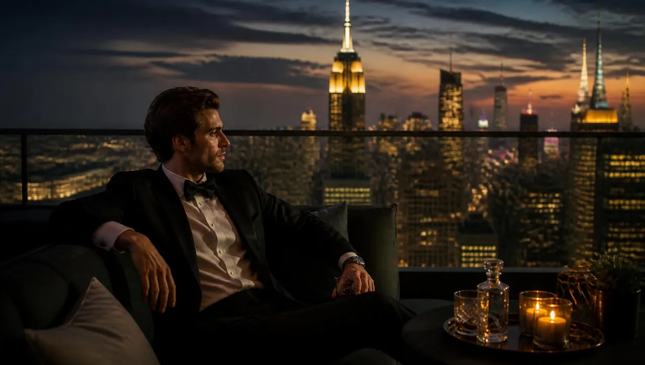 Manhattan skyline at dusk from a private rooftop